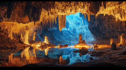 Breathtaking cave interior with stunning stalactites and shimmering water reflecting colorful lights.