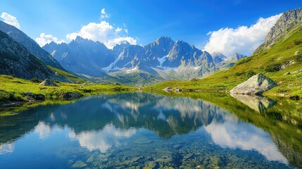 Fototapeta premium Breathtaking mountain landscape reflecting in a serene lake under a clear blue sky, showcasing nature's stunning beauty.