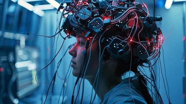 Scientist is working in a laboratory, wearing a brain computer interface with electrodes and wires. The image evokes concepts of neurotechnology, neural enhancement, and brain research