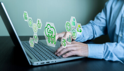 Renewable energy concept, sustainable development, virtual screen with recycling icons, renewable energy and environmental protection.