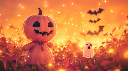 Naklejka premium Smiling Scarecrow with Pumpkin Under Halloween Sky