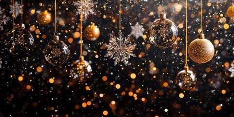 Christmas New Year background with decorative ornament hanging on a ribbon and gold glitter confetti around it. Festive Xmas composition with decoration bauble. Banner web poster, header for website.