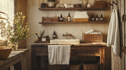Charming rustic bathroom with wooden shelves, natural decor, and elegant toiletries, creating a serene and inviting atmosphere.