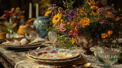 Fototapeta premium Charming table setting with vibrant flowers, elegant plates, and rustic decor, perfect for gatherings and celebrations.