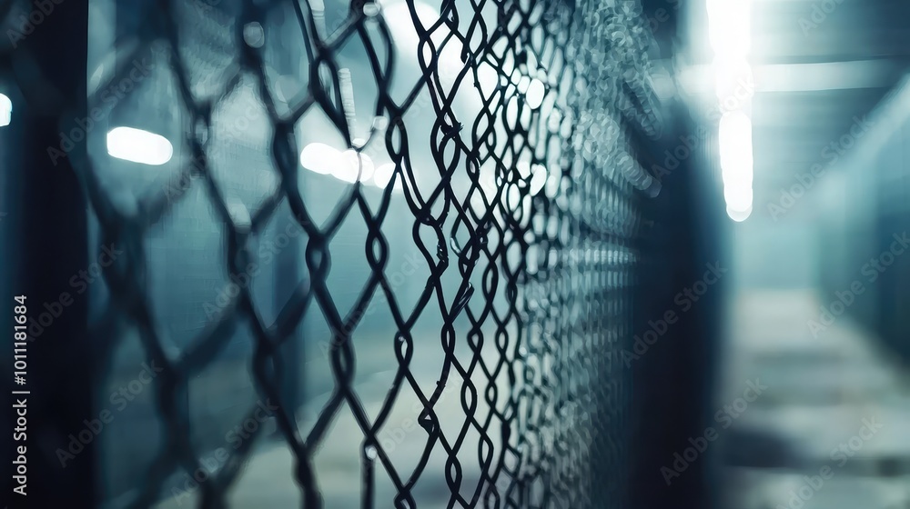 Poster Close-up of a chain-link fence with blurred background and soft lighting, creating a moody atmosphere.