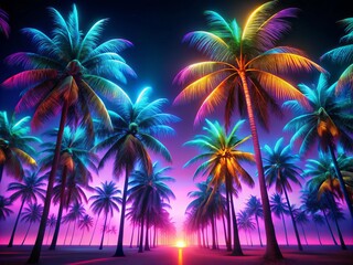 Obraz premium Vibrant Neon Palm Trees at Night Creating a Tropical Paradise Atmosphere for Summer Vibes and Relaxation