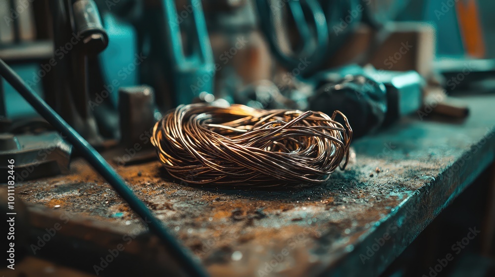 Poster close-up of a tangled wire on a rustic workbench surrounded by various tools in a workshop setting.