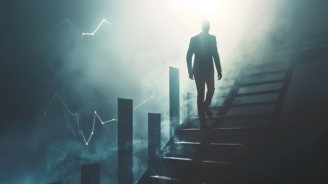 A businessman climbing a ladder towards a bar chart symbolizing success