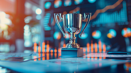 Business success concept with a trophy surrounded by bar graphs and charts