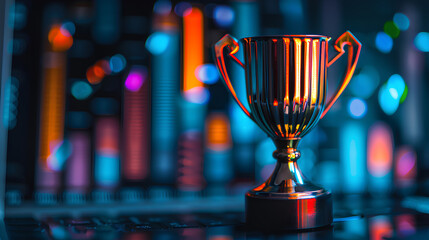 Business success concept with a trophy surrounded by bar graphs and charts