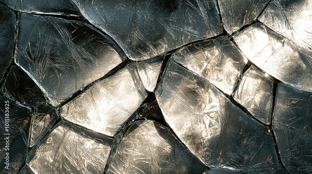 Poster close-up of textured glass with angular patterns reflecting light, creating a dynamic and intriguing