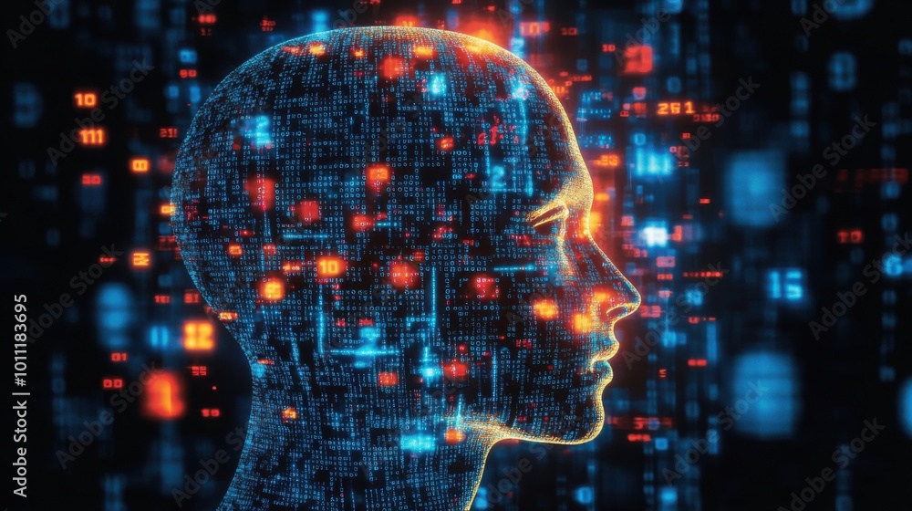 Poster a digital human head made of binary code and circuitry