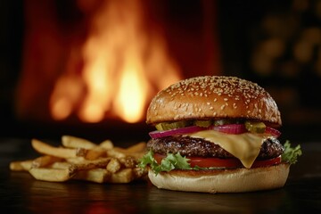 Juicy Hamburger with Melted Cheese and Fries