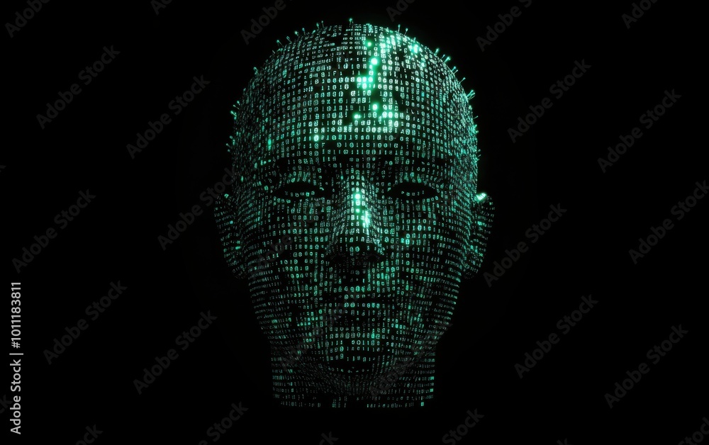 Poster a digital human head with a binary code background