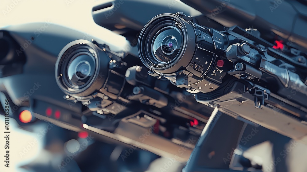 Poster close-up view of advanced surveillance cameras mounted on a modern drone showcasing intricate design