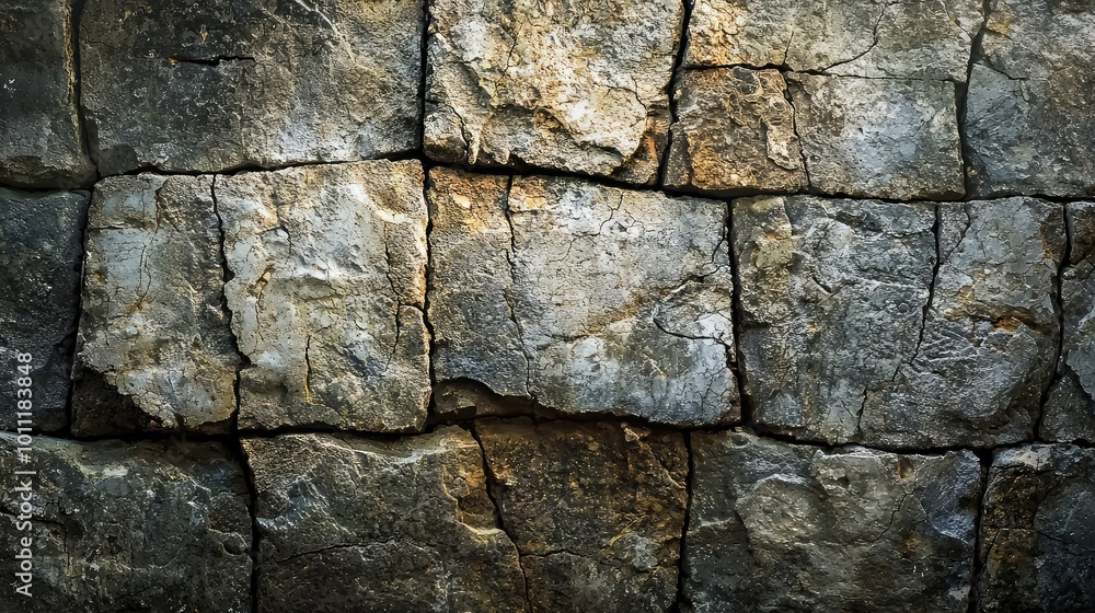Poster close-up view of a textured stone wall, showcasing intricate patterns and natural variations in colo