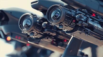 Fototapeta premium Close-up view of advanced surveillance cameras mounted on a modern drone showcasing intricate design and high-tech features.