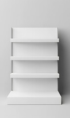 3d White Empty Product Display For Supermarket With Shelves mock up Isolated on white background. Retail shelf, ,display mockup.	