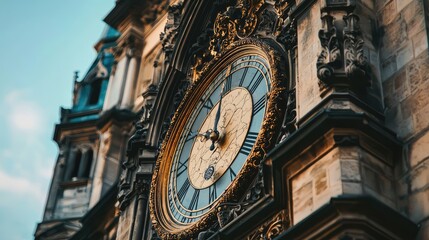 Close-up view of an ornate clock showcasing intricate designs and historical architecture against a blue sky.
