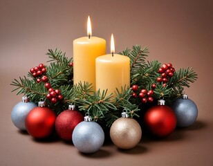 Christmas still life with spruce branch and candlestick. New Year's still life.