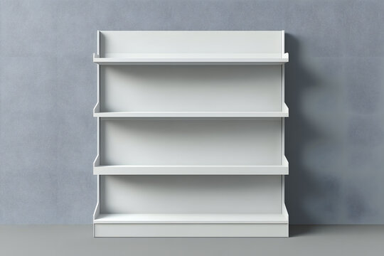 3d White Empty Product Display For Supermarket With Shelves mock up Isolated on white background. Retail shelf, ,display mockup.	