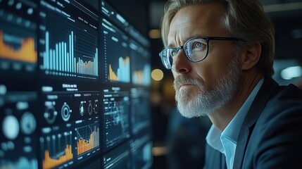 business professionals analyzing market performance data on digital dashboard focusing on benchmarking ,competitive analytics for strategic decision making