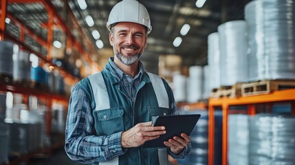 Confident portrait of a professional engineer or manager in uniform, smiling with a tablet in a warehouse or factory setting. The image reflects satisfaction and professionalism in the workplace.