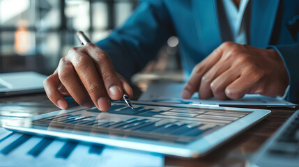 A businessperson's hand using a tablet with a financial dashboard