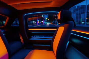 Fototapeta premium Inside a driverless car navigating a futuristic city at night, lit up by neon lights, highlighting the possibilities of self driving vehicles