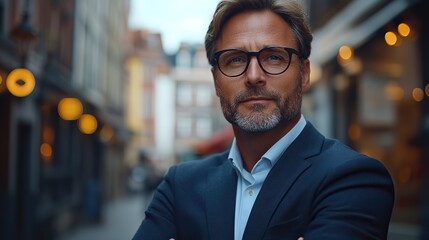 portrait of mature businessman standing on city street checking time on watch handsome man with glasses in suit