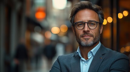 portrait of mature businessman standing on city street checking time on watch handsome man with glasses in suit