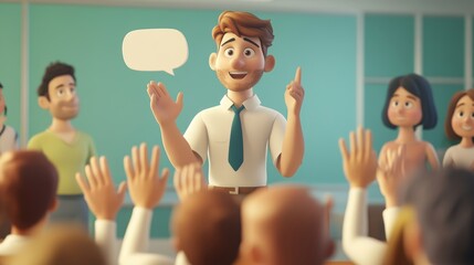 3D cartoon scene of a presenter confidently addressing questions from the audience