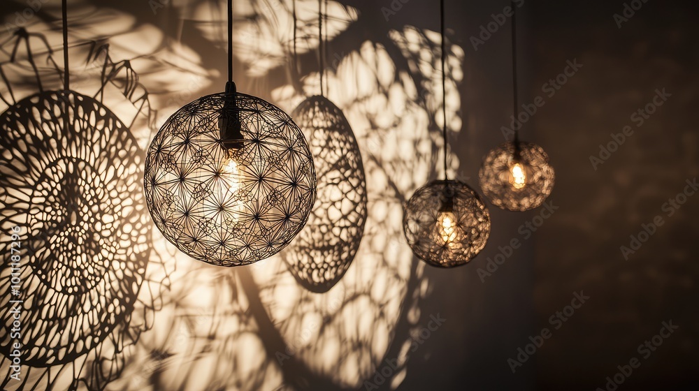 Poster decorative hanging lamps casting beautiful patterns on the wall, creating a warm and inviting atmosp