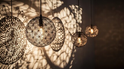 Obraz premium Decorative hanging lamps casting beautiful patterns on the wall, creating a warm and inviting atmosphere in any space.