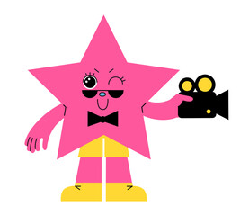 Cute mascot. Cartoon character with camcorder. Retro emoji. Bright star emoticon with hands and legs. Happy smile face. Recording video camera. Movie director smiley. Vector cinematographer emoticon