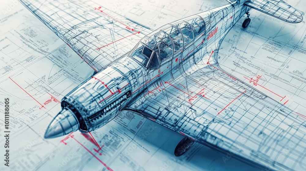 Poster detailed blueprint design of an aircraft showcasing intricate measurements and engineering concepts.