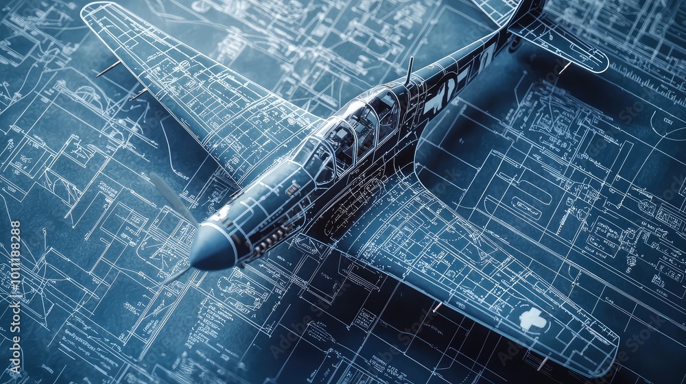 Poster detailed design of an aircraft blueprint showcasing technical schematics and modern engineering conc