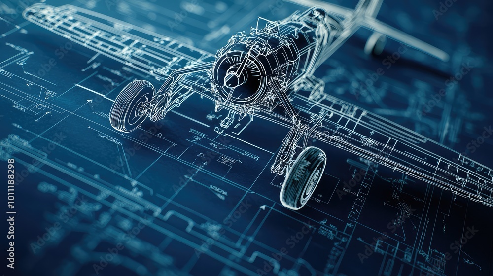 Poster detailed blueprint of an airplane with a transparent design, showcasing intricate engineering and te