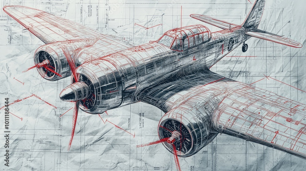 Poster detailed technical drawing of an aircraft, showcasing its design and structure with engineering line