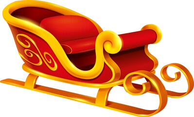 Christmas Santa Claus sleigh. Red and golden sleigh isolated on white background.