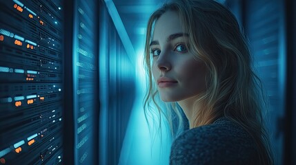 professional female it specialist in server room is talking with colleagues about servers technology ,network systems hightech equipment indicating technologically advanced environment