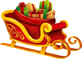 Christmas Santa Claus sleigh with sack bag loaded with gift box presents. Isolated.