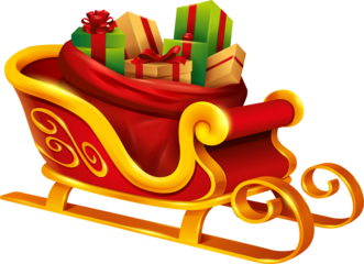 Christmas Santa Claus sleigh with sack bag loaded with gift box presents. Isolated.