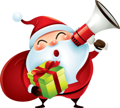 Santa Claus holding a gift and megaphone.