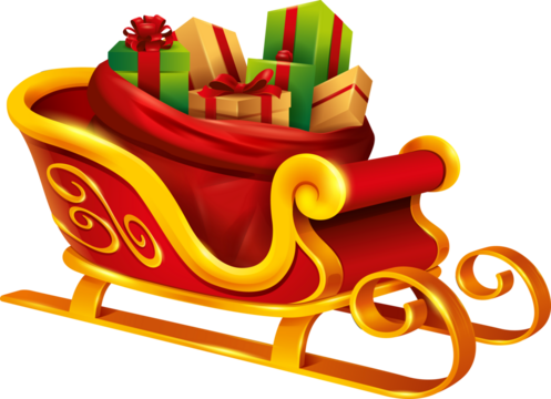 Christmas Santa Claus sleigh with sack bag loaded with gift box presents. Isolated.
