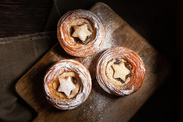 Traditional Christmas mince pies with dried fruits. English festive dessert.