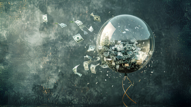 Concept of inflation with a balloon of money inflating and bursting