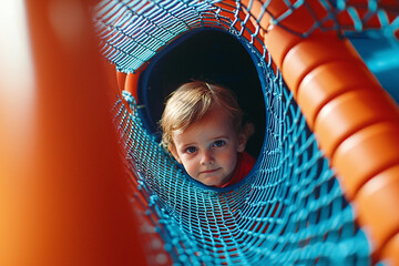 a young child peeking through a tunnel in a vibrant play structure