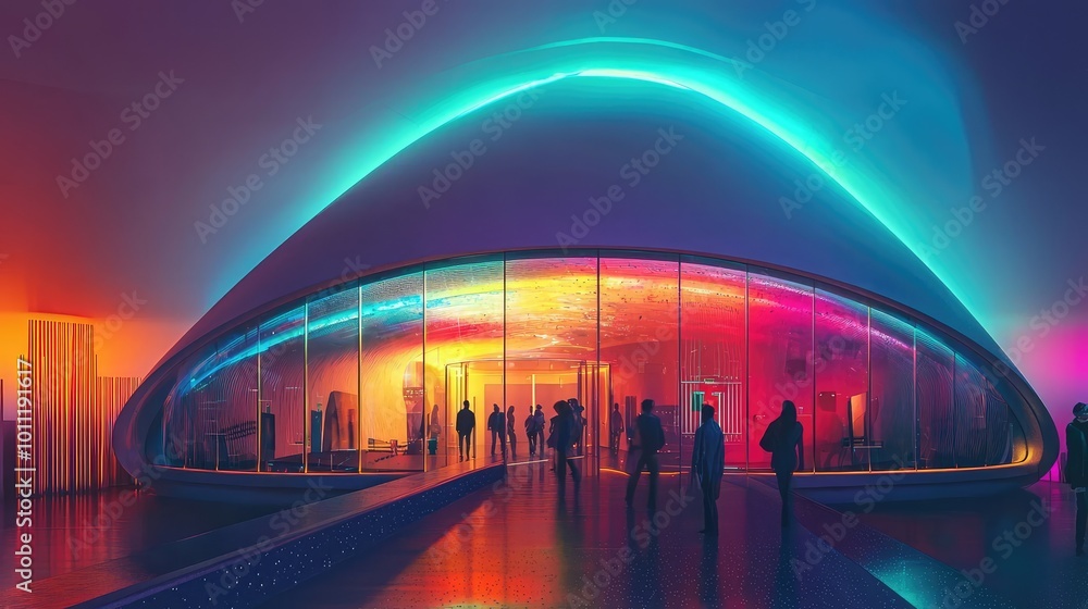 Aufkleber futuristic building with vibrant lighting and modern architecture, showcasing a unique design and dy