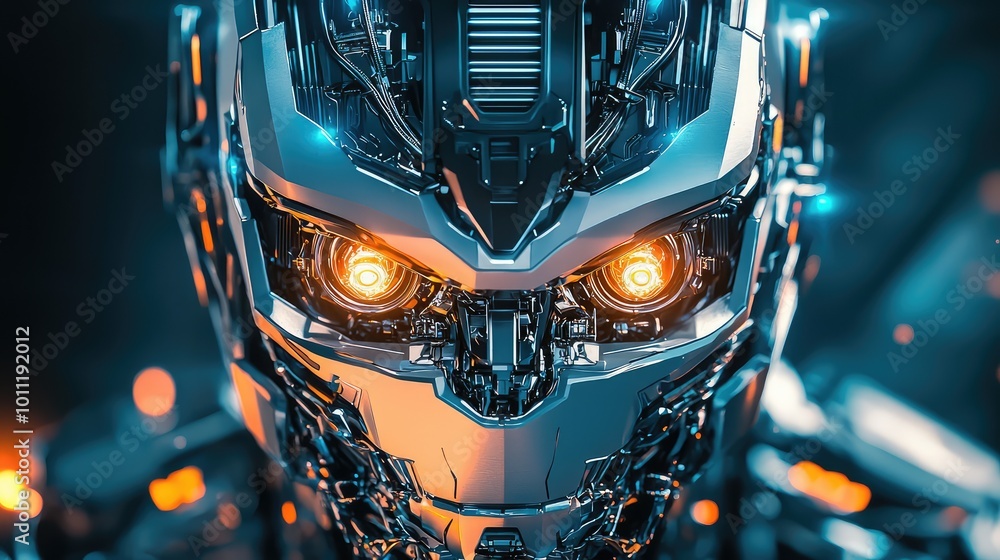 Poster futuristic robot with glowing eyes, showcasing advanced technology and metallic design in a high-tec